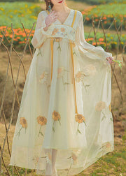 Chinese Style Sunflower Embroideried Tasseled Patchwork Tulle Dresses Flare Sleeve