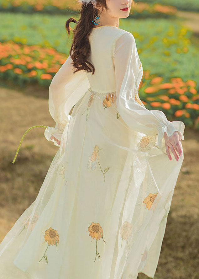 Chinese Style Sunflower Embroideried Tasseled Patchwork Tulle Dresses Flare Sleeve