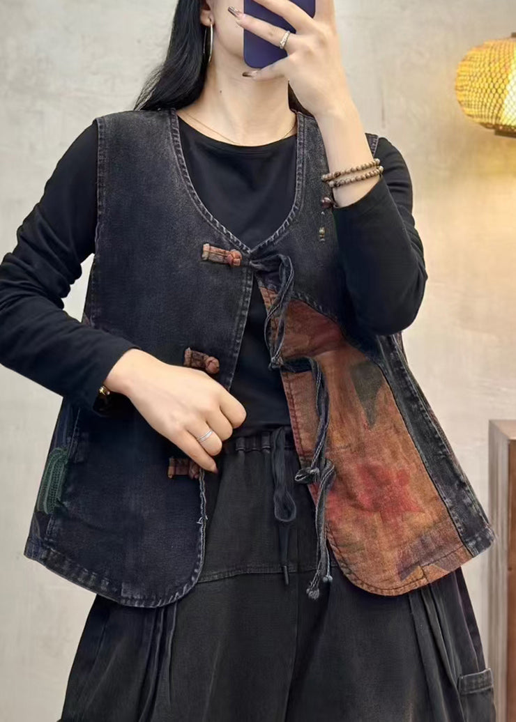 Chinese Style Tassel Oriental Button Denim Vest Spring