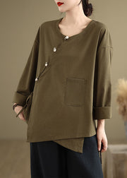 Chinese Style Tea Green O Neck Button Patchwork Cotton Tops Spring