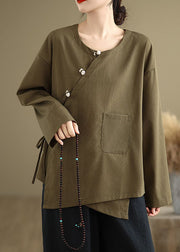 Chinese Style Tea Green O Neck Button Patchwork Cotton Tops Spring