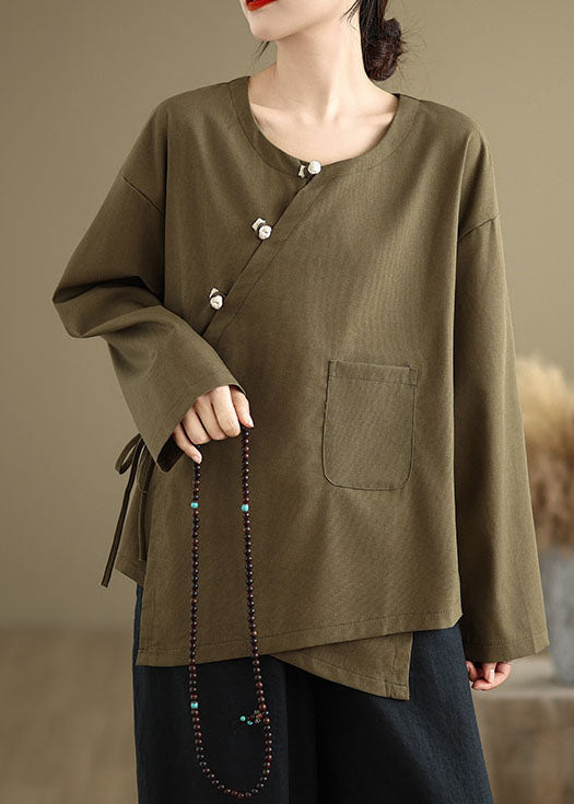 Chinese Style Tea Green O Neck Button Patchwork Cotton Tops Spring