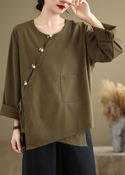 Chinese Style Tea Green O Neck Button Patchwork Cotton Tops Spring