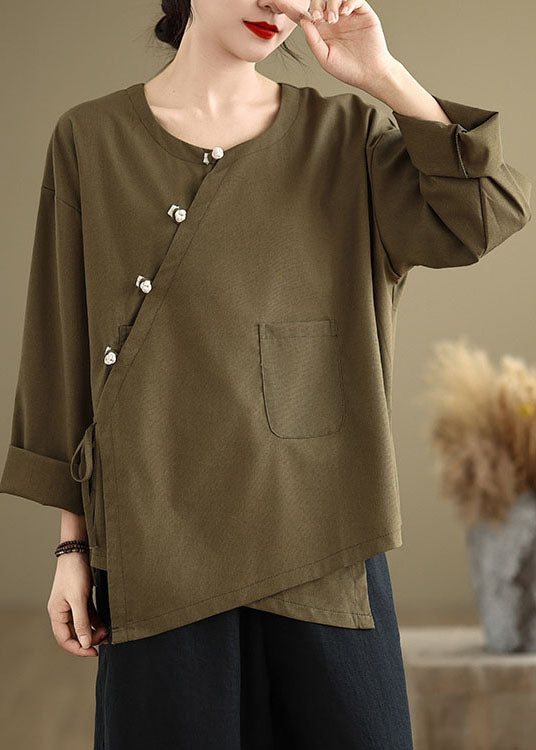 Chinese Style Tea Green O Neck Button Patchwork Cotton Tops Spring