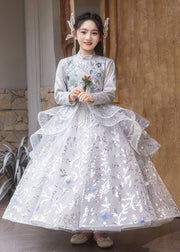 Chinese Style Turtleneck Sequins Tulle Patchwork Girls Long Dress Spring