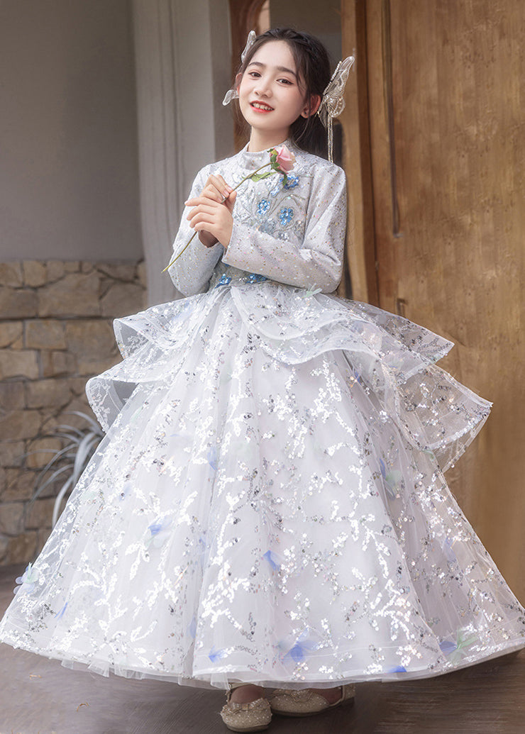 Chinese Style Turtleneck Sequins Tulle Patchwork Girls Long Dress Spring