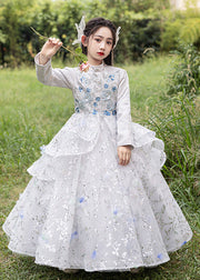 Chinese Style Turtleneck Sequins Tulle Patchwork Girls Long Dress Spring