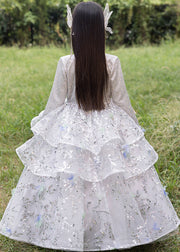 Chinese Style Turtleneck Sequins Tulle Patchwork Girls Long Dress Spring