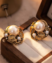 Chinese Style White Ancient Gol Inlaid Pearl Stud Earrings