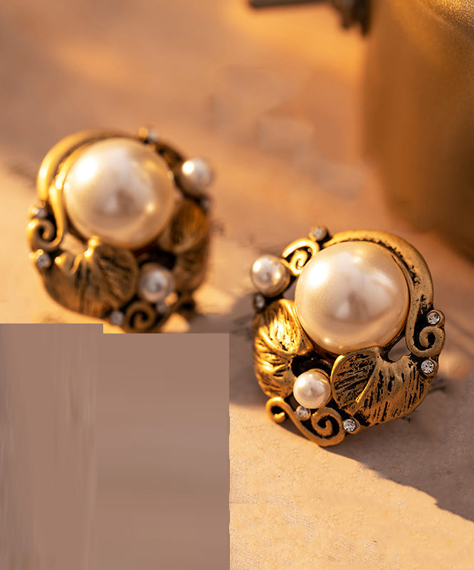 Chinese Style White Ancient Gol Inlaid Pearl Stud Earrings