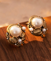 Chinese Style White Ancient Gol Inlaid Pearl Stud Earrings