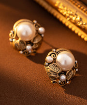 Chinese Style White Ancient Gol Inlaid Pearl Stud Earrings