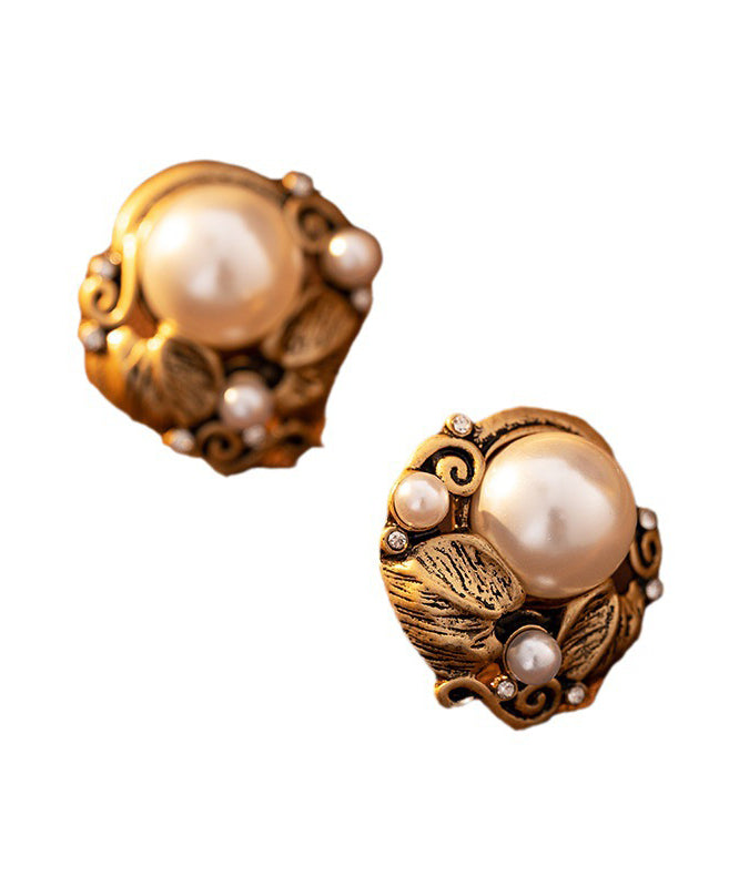 Chinese Style White Ancient Gol Inlaid Pearl Stud Earrings