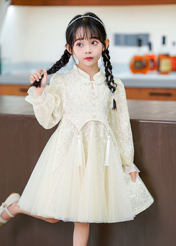 Chinese Style White Asymmetrical Nail Bead Tulle Girls Maxi Dress Flare Sleeve