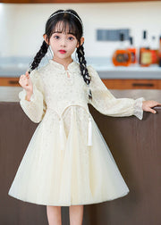 Chinese Style White Asymmetrical Nail Bead Tulle Girls Maxi Dress Flare Sleeve