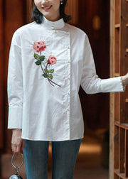 Chinese Style White Button Embroideried Cotton Shirt Long Sleeve