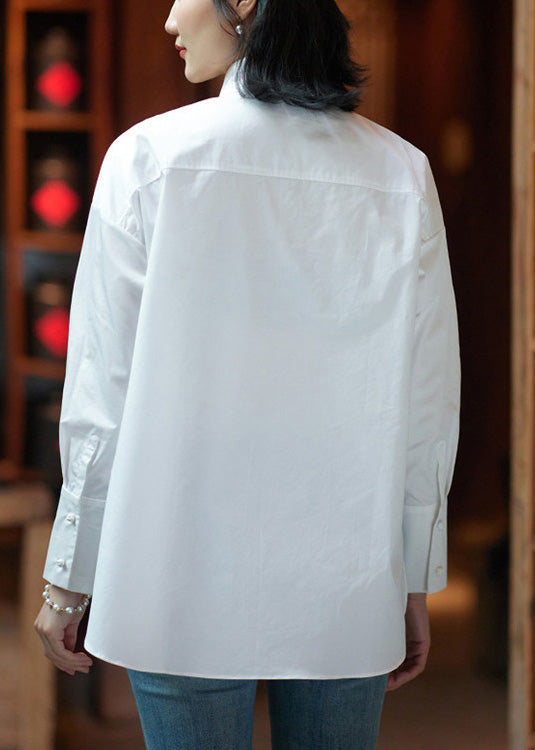 Chinese Style White Button Embroideried Cotton Shirt Long Sleeve