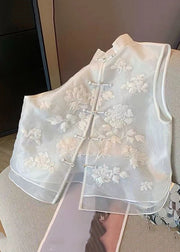 Chinese Style White Embroidered Button Tulle Waistcoat Sleeveless