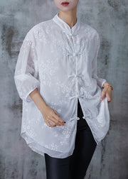 Chinese Style White Embroidered Draping Chiffon Shirt Tops Summer
