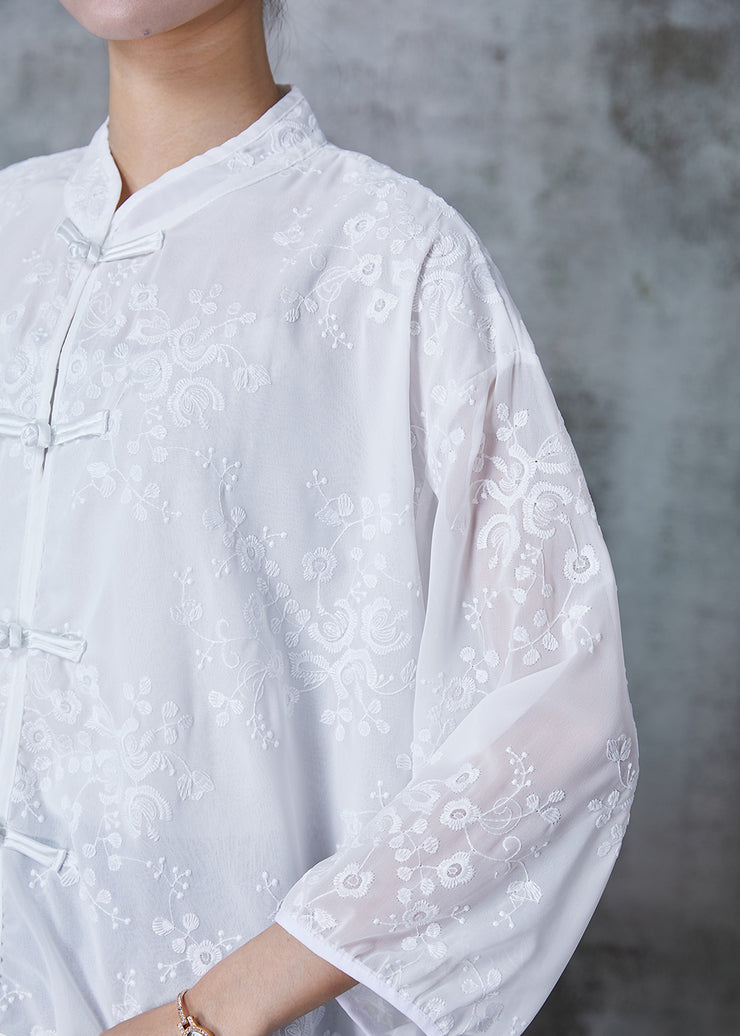 Chinese Style White Embroidered Draping Chiffon Shirt Tops Summer