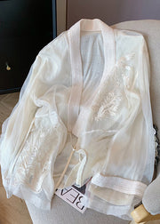 Chinese Style White Embroidered Lace Up Tulle Cardigan Spring