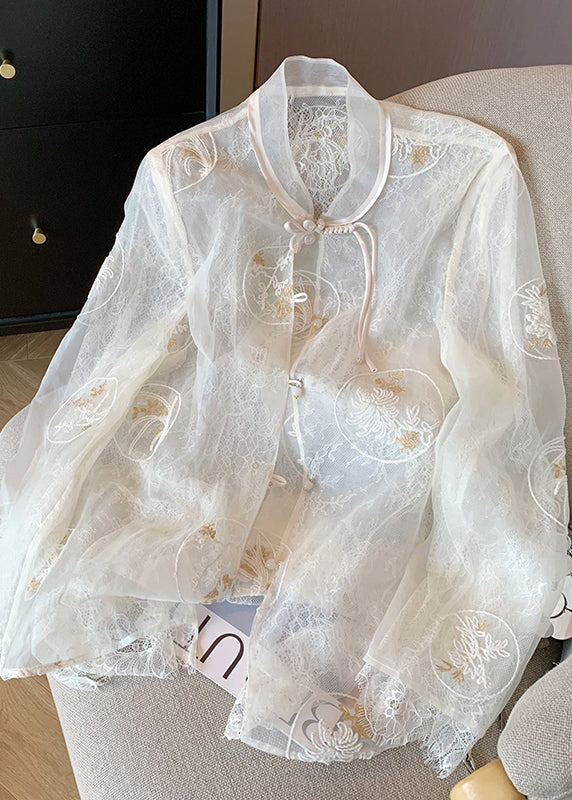 Chinese Style White Embroidered Patchwork Organza Shirt Top Spring