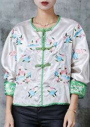 Chinese Style White Embroidered Silk Coat Outwear Spring