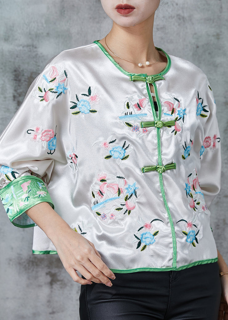 Chinese Style White Embroidered Silk Coat Outwear Spring