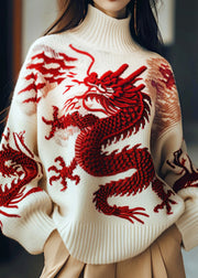 Chinese Style White Embroidered Thick Knit Sweaters Spring