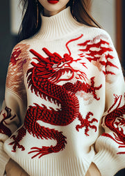 Chinese Style White Embroidered Thick Knit Sweaters Fall