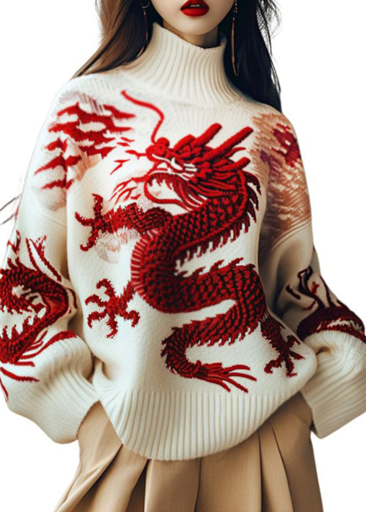 Chinese Style White Embroidered Thick Knit Sweaters Spring