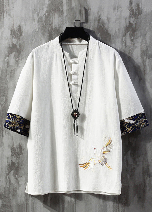 Chinese Style White Embroideried Button Linen Tees Men Half Sleeve