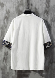 Chinese Style White Embroideried Button Linen Tees Men Half Sleeve