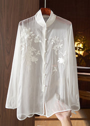 Chinese Style White Embroideried Button Patchwork Tulle Shirt Tops Long Sleeve