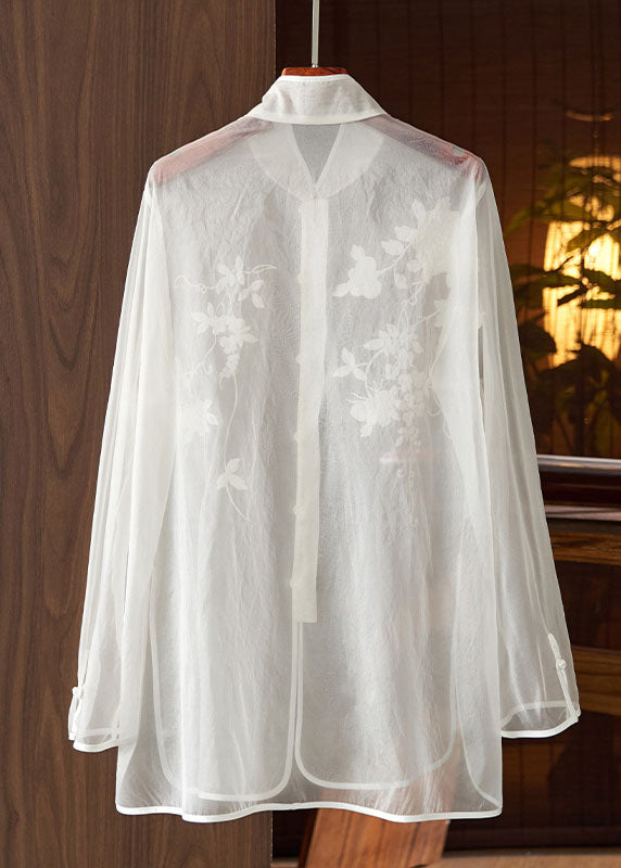 Chinese Style White Embroideried Button Patchwork Tulle Shirt Tops Long Sleeve