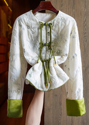 Chinese Style White Embroidered Button Silk Velour Parka Long Sleeve