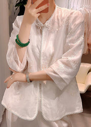 Chinese Style White Embroidered Patchwork Silk Shirt Summer