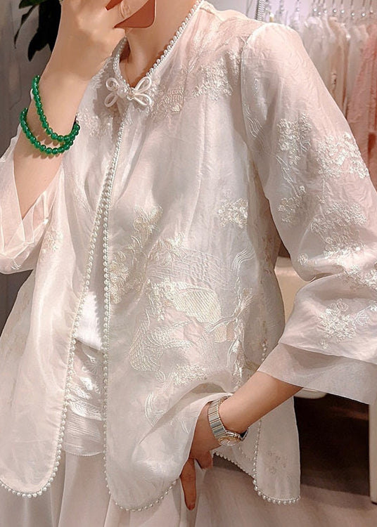 Chinese Style White Embroidered Patchwork Silk Shirt Summer