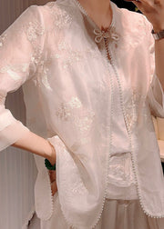 Chinese Style White Embroidered Patchwork Silk Shirt Summer