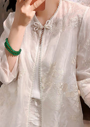 Chinese Style White Embroidered Patchwork Silk Shirt Summer