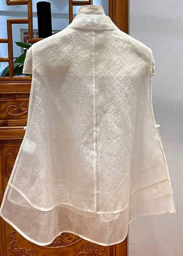 Chinese Style White Embroidered Patchwork Tulle Blouse Tops Sleeveless