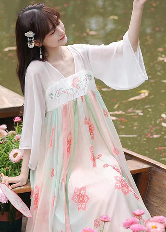 Chinese Style White Embroidered Print Patchwork Chiffon Dress Summer