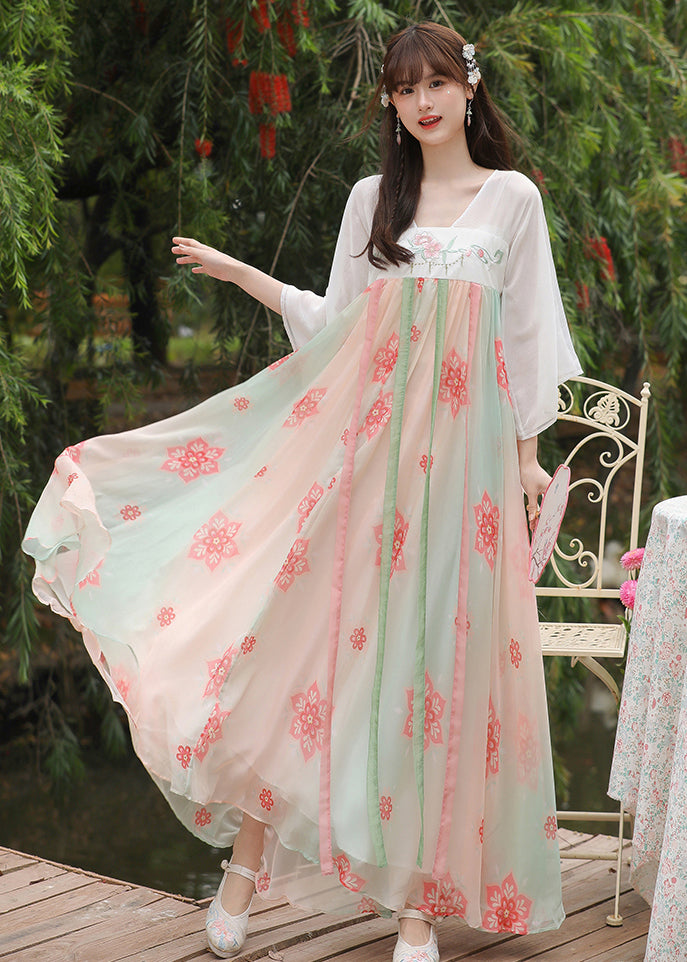 Chinese Style White Embroidered Print Patchwork Chiffon Dress Summer