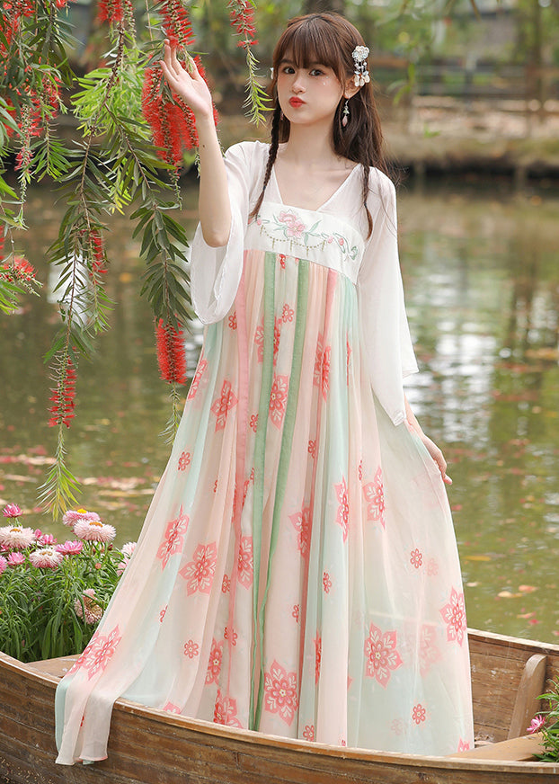 Chinese Style White Embroidered Print Patchwork Chiffon Dress Summer