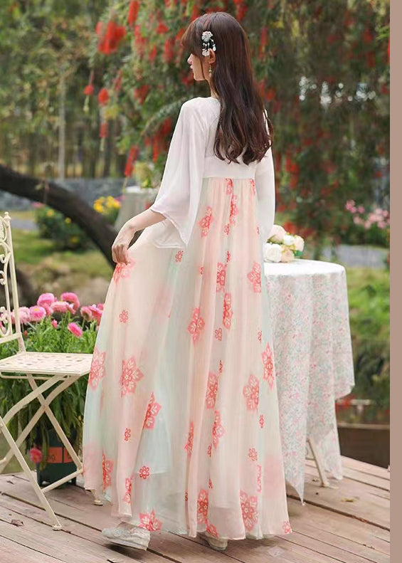 Chinese Style White Embroideried Print Patchwork Chiffon Dress Summer