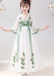 Chinese Style White Embroideried Tie Waist Patchwork Chiffon Kids Girls Dresses Summer