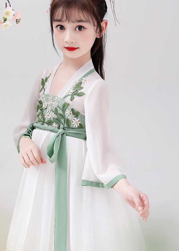 Chinese Style White Embroideried Tie Waist Patchwork Chiffon Kids Girls Dresses Summer