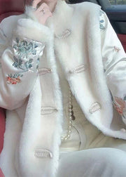 Chinese Style White Fluffy Button Patchwork Parkas Winter