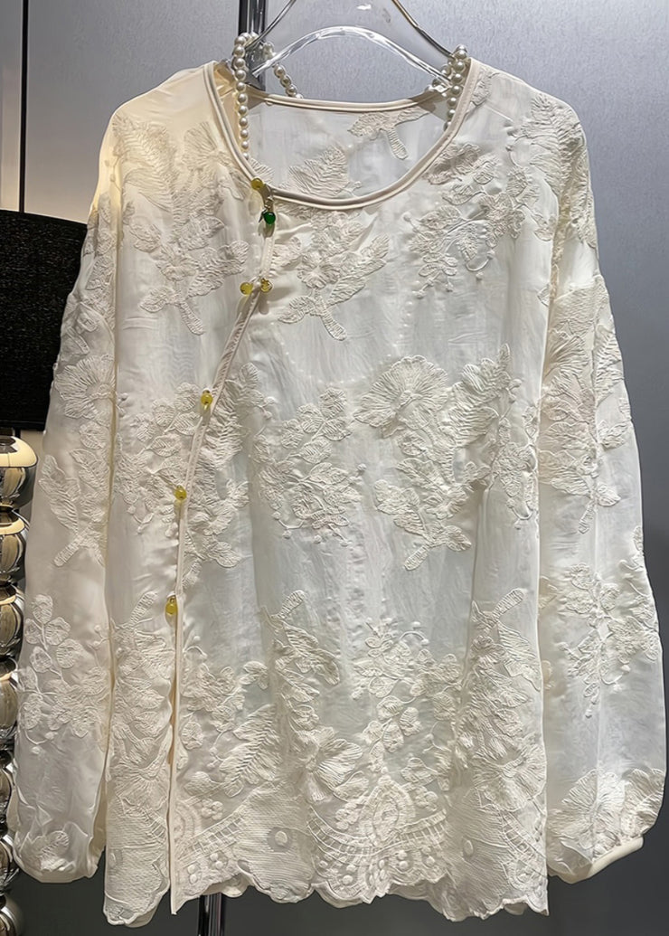 Chinese Style White O Neck Jacquard Cotton Tops Fall