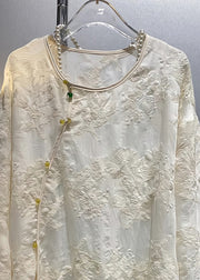 Chinese Style White O Neck Jacquard Cotton Tops Spring